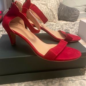 Red, suede, small heel, ankle strap heels